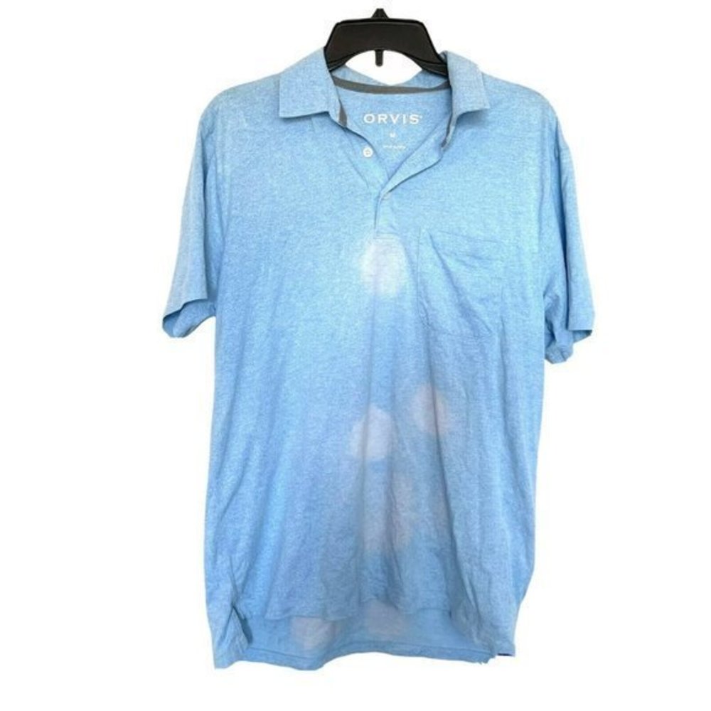 Orvis Mens Button Up Shirt Blue Size Medium Short Sleeve Casual Flaw Stains